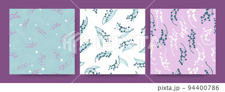 Spring Lily of the Valley. Bunch of Convallaria Majalis. Vintage Flower Textile Print. Lily of the Valley Seamless Pattern. Summer Leaves Decoration. Botanical Fabric. Lily of the Valley. 94400786