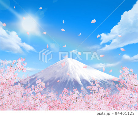 美しく華やかな桜の花と花びら舞い散る空に虹ー遠くに富士山の映える