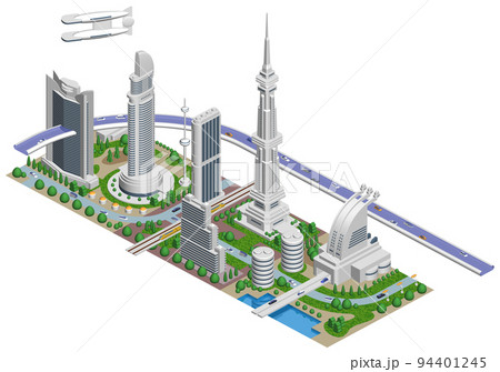 ブロックのように組み合わせれば大きな未来都市になる街並みイラスト　バリエーションあり 94401245