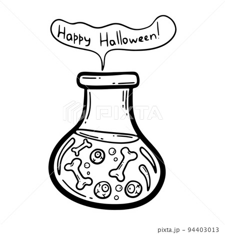 Vector hand drawn illustration. Eyeballs and bones in a flask with poison. Halloween decoration. Jar with venom. Glass bottle 94403013