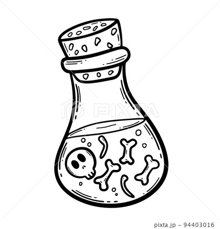 Vector hand drawn illustration. A skull and bones in a flask with poison. Halloween decoration. Jar with venom. Glass bottle 94403016