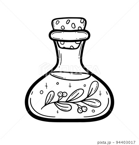 Vector doodle bottle of magic potion. Witchcraft glass bottle. Alchemy elixir in glass flask. Hand drawn illustration of witch poison with leaves, berries Vector doodle bottle of magic potion. Witchcraft glass bottle. Alchemy elixir in glass flask. Hand drawn illustration of witch poison with leaves, berries 94403017
