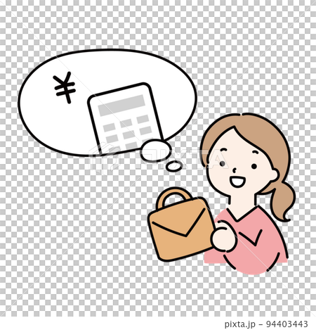 Illustration of a woman thinking about how much it will cost to buy 94403443