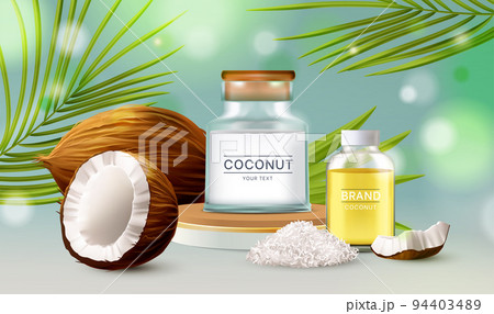 Coconut oil poster. Soap and cream, milk transparent package. Cosmetic lotion, coco natural organic product in tube. Palm tropical leaves on background. Whole and half nut. Vector illustration mockup 94403489