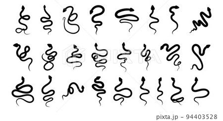 Snake silhouette icons set, simple tails and heads. Serpent collection, reptile shape black logo template, outline viper or python. Isolated on white background elements. Vector graphic illustration 94403528