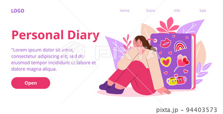 Cute diary book. Personal journal landing page. Website interface design template. School moments. Web organizer for happy women. Creative girl notepad with love hearts. Vector illustration background 94403573