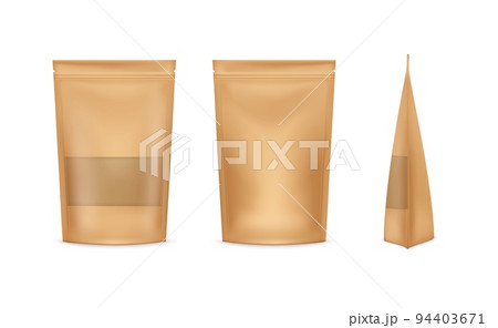 Brown paper bag. Spice kraft pouch. Isolated package mockup. Empty pack front or side view. Tea eco packaging. Closed doypack sachet for food snack. Merchandise containers. Vector background template 94403671