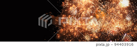 Banner Golden Firework celebrate anniversary happy new year 2023, 4th of july holiday festival. colorful gold firework celebrate national holiday. Banner new year 2023 party time with copy space Banner Golden Firework celebrate anniversary happy new year 2023, 4th of july holiday festival. colorful gold firework celebrate national holiday. Banner new year 2023 party time with copy space 94403916