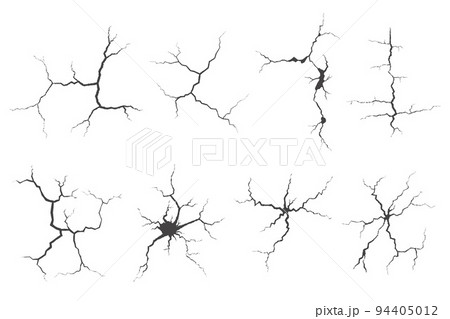 Cracks collection on wall, earth or stone. Scratches lines on surfaces. Lightning and thunderstorm vector illustrations. Fissure on ground and ice. Graphic explosions textures with holes. 94405012