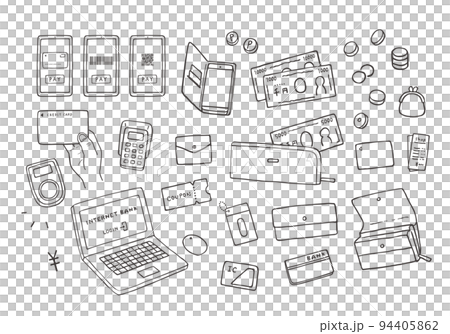 Hand-drawn illustration set related to various payment methods and money (monochrome) 94405862
