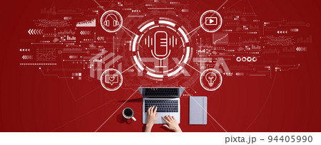 Podcast theme with person working with laptop 94405990