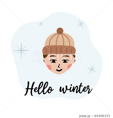 Hello winter hygge cozy illustration boy face with lettering. Perfect for postcard, template, book print. 94406335