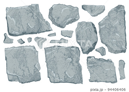 Stone set. Cartoon art broken rock blocks. Realistic texture debris mountain isolated on white. Natural boulder wall shape. Watercolor style. Cliff beach color stones. Vector illustration Stone set. Cartoon art broken rock blocks. Realistic texture debris mountain isolated on white. Natural boulder wall shape. Watercolor style. Cliff beach color stones. Vector illustration 94406406
