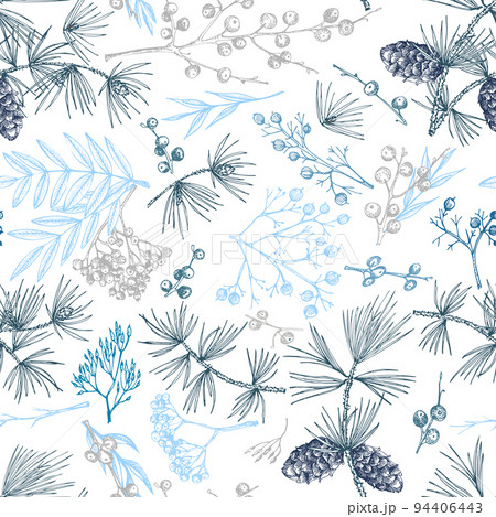 Winter christmas seamless pattern with twigs, berries, and leaves of plant isolated on white background. Hand-drawn vintage sketch botanical illustration Engraving style Flat color vector 94406443