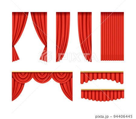 Red silk velvet curtains and draperies set. Luxury interior decor, theater opera stage drapery vector illustration Red silk velvet curtains and draperies set. Luxury interior decor, theater opera stage drapery vector illustration 94406445