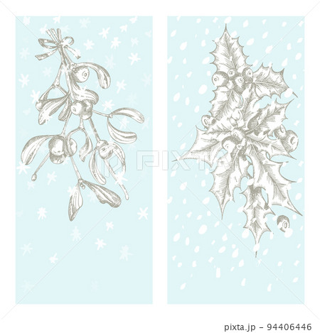 Set christmas new year card with mistletoe and holly Winter plants isolated on blue snow background. Hand-drawn vintage sketch botanical art. Engraving style. Vector illustration 94406446