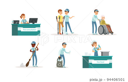 Teenage volunteers set. Children sweeping streets, collecting plastic waste, help disabled and elderly people cartoon vector illustration Teenage volunteers set. Children sweeping streets, collecting plastic waste, help disabled and elderly people cartoon vector illustration 94406501