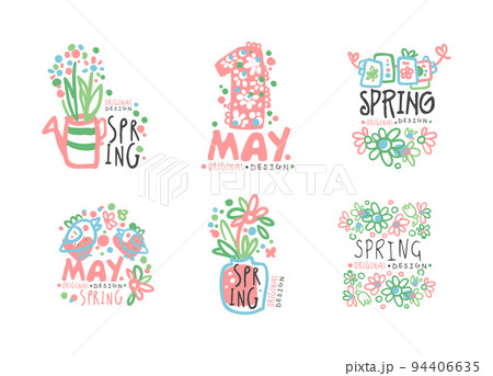 May 1 badges set. Bright spring hand drawn labels, International labor day vector illustration 94406635