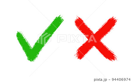 Grunge hand drawn tick check and cross mark. Brush drawn symbols OK, YES and NO, X. Tick V and cross X for check box. True and false icons. Vector illustration isolated on white background 94406974