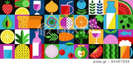 Abstract geometric food in square tiles. Bauhaus inspiration flat fruits, drinks, vegetables. Restaurant or farm market giant decent vector background 94407956