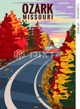 Ozark Missouri travel vintage poster, autumn road, car. Retro illustration 94408051