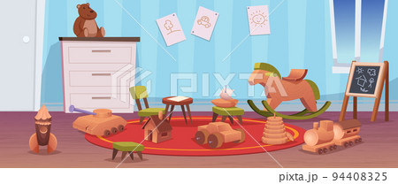 Kindergarten room. Playground home interior room for kinds with various wooden activity toys exact vector play time tools for happy childrens Kindergarten room. Playground home interior room for kinds with various wooden activity toys exact vector play time tools for happy childrens 94408325