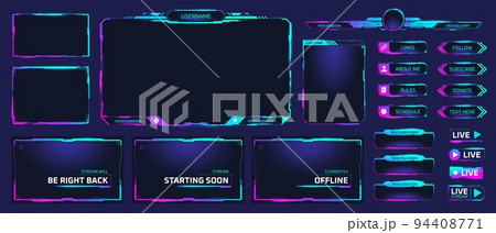 Game stream frames. Glow theme for live conference of gaming streamers, hud frame twitch streaming media gamer broadcast webcam digital box video screen, garish vector illustration Game stream frames. Glow theme for live conference of gaming streamers, hud frame twitch streaming media gamer broadcast webcam digital box video screen, garish vector illustration 94408771