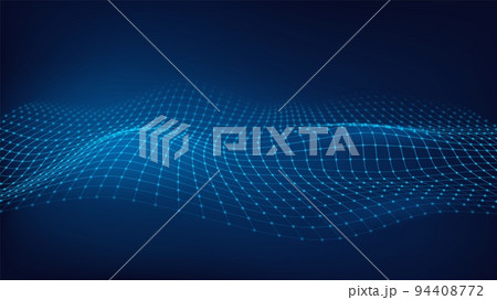 Hud landscape. Digital grid horizon 3d wireframe, crypto particle abstract topography geography perspective map, futuristic sound dot waves mountain land garish vector illustration 94408772