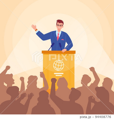 Politician speaker audience. Minister president government on podium speaking with voting people, public speech confident orator in conference tribune, swanky vector illustration 94408776