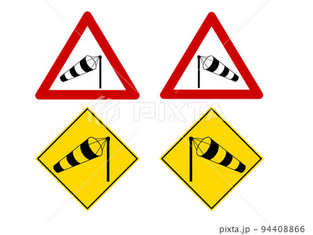 Crosswind road sign - windsock in red triangle and in yellow rhombus vector illustration set. 94408866