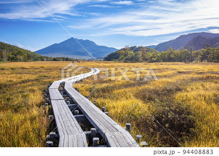 尾瀬ヶ原の紅葉 木道と燧ケ岳 尾瀬ヶ原の紅葉 木道と燧ケ岳 94408883
