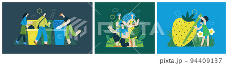 Ecology - Modern flat vector concept illustration on green positive thinking. Waste sorting, Recycling, Green energy, Save the planet, bio farming. Creative landing web page illustrations set 94409137