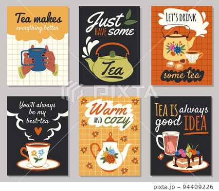 Tea time menu cards. Cute breakfast posters with funny hand drawn text, hot drinks and different sweets and desserts, cozy home feast, cafe or restaurant decor tidy vector cartoon set 94409226