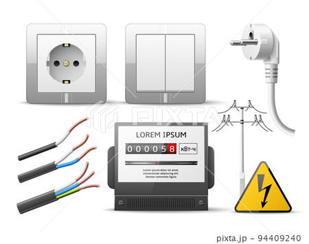 Realistic electricity. 3d power line, socket, switch, energy meter, modern technology, cable with colored wires, isolated elements, high voltage sign, utter vector electrical equipment set Realistic electricity. 3d power line, socket, switch, energy meter, modern technology, cable with colored wires, isolated elements, high voltage sign, utter vector electrical equipment set 94409240