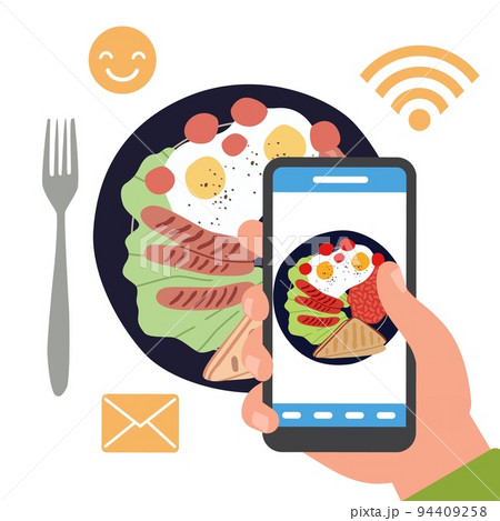 Blog about food, photo sharing in social networks. Plate with meal top view, hand take picture on smartphone, cooking media content, blogger vector cartoon flat concept 94409258