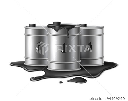 Barrels with leaking engine oil. Realistic hazard black liquid, petroleum products storage, metal containers, black puddlesand drops, 3d composition, industrial tank utter vector concept Barrels with leaking engine oil. Realistic hazard black liquid, petroleum products storage, metal containers, black puddlesand drops, 3d composition, industrial tank utter vector concept 94409260