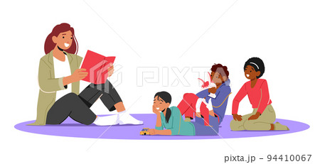 Preschool Teaching, Education Concept. Young Teacher Character Read Book To Children. Classes In Kindergarten or Nursery Preschool Teaching, Education Concept. Young Teacher Character Read Book To Children. Classes In Kindergarten or Nursery 94410067