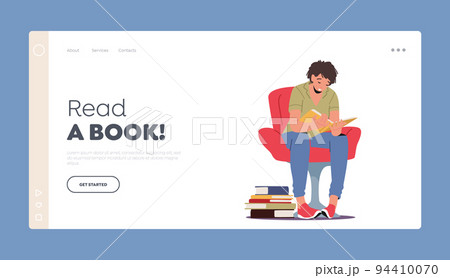 Read A Book Landing Page Template. Education, Learning, Reading Hobby. Young Man Student Character Read Book, Learn 94410070