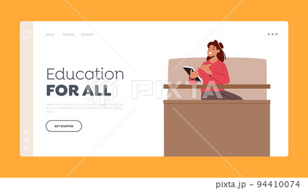University Education Landing Page Template. Young Woman Sitting at Desk with Notepad in University Hall Making Notes 94410074