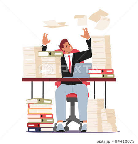 Tired Exasperated Office Worker Sitting at Desk with Document Piles Throwing Papers in Air. Stress In Office, Rush Work 94410075