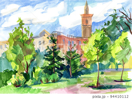 Watercolor sketch of a city park. Landscape With Trees. Freehand drawing 94410112