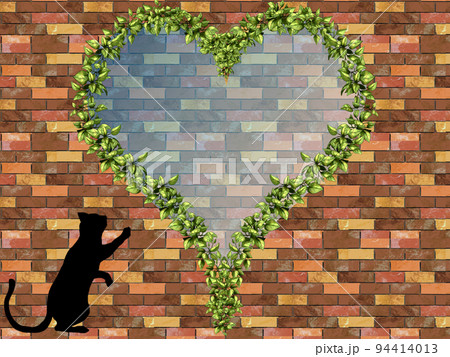 レンガの壁と猫のシルエット 94414013