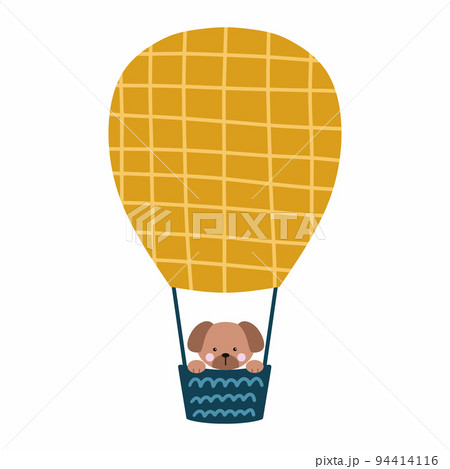 Puppy flying in air balloon. Cute dog. Poster for nursery. Vector illustration in cartoon style. Puppy flying in air balloon. Cute dog. Poster for nursery. Vector illustration in cartoon style. 94414116