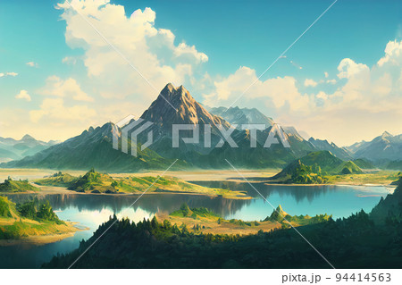 Mountain landscape, lake and mountain range, large panorama, Altai, 94414563