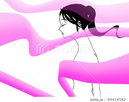 女性シルエットとピンクのリボン 94414582