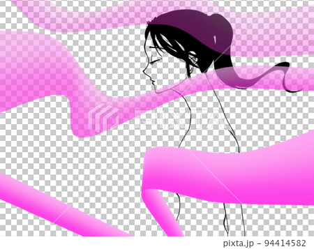 女性シルエットとピンクのリボン 94414582