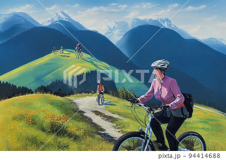 pretty senior woman riding her electric mountain bike in 94414688
