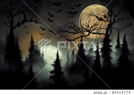 Halloween background.Spooky forest with full moon Background 94414774