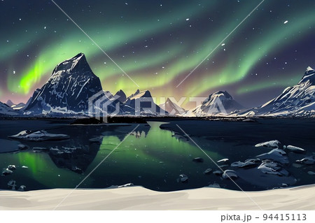 Aurora borealis, Lofoten islands, Norway, Aurora, Green northern lights, 94415113