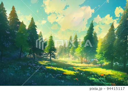 Beautiful forest in spring with bright sun shining through 94415117